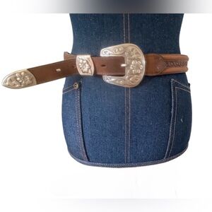 SUNDANCE genuine leather belt vintage silver daisy buckle USA made Sz 32  Large